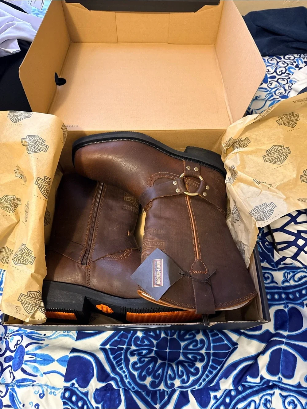 Harley-Davidson Brown Leather Harness Boots with Black Sole and Orange Accents